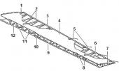 Aileron A320 schematic: 1-Inboard end rib; 2-Ribs; 3-Trailing edge; 4-Top skin; 5-Static discharge; 6-Bottom skin; 7-Outboard end rib; 8-Hinge brackets; 9-Spar; 10-Hinge bracket; 11-Jack brackets; 12-Hinge bracket